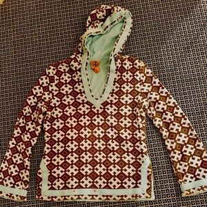 Tory Burch Logo Brown and White Sweatshirt Hoodie with Geometric Pattern